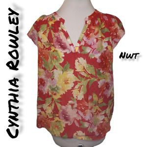 NWT Cynthia Rowley Women's Pink Floral Band V-Neck Cap Sleeve Blouse Size Medium